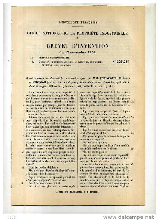 - DISPOSITIF DE SAUVETAGE EN CAS D'INCENDIE . BREVET D´INVENTION DE 1902 . - Pompiers