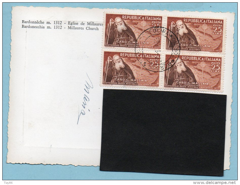 Lire 25 1952 - Centenario I Missione In Etiopia Card. Massaia (quartina) Su Cartolina Bardonecchia - Chiesa Di Millaures - 1946-60: Storia Postale