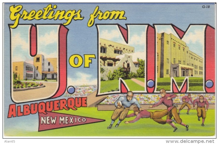 Albuquerque New Mexico, Large Letter Greetings University Of N.M. Footbal Scene, C1930s Vintage Curteich Linen Postcard - Albuquerque