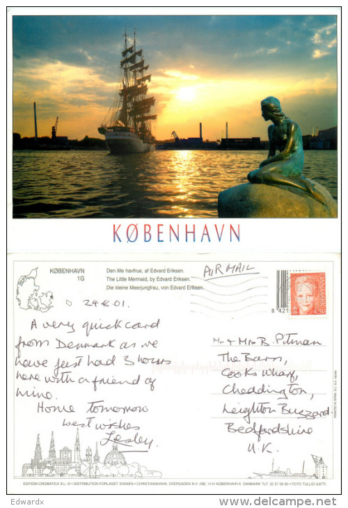 Little Mermaid, Copenhagen, Denmark Postcard Posted 2001 Stamp - Denmark