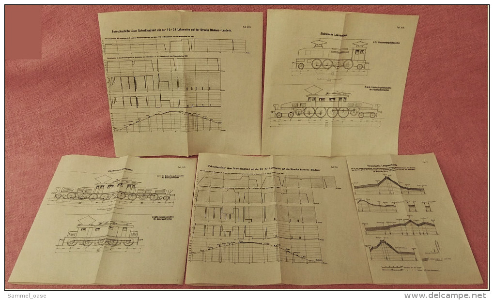 Österreich Ca. 1913  -  5 X Techn. Zeichnung / Diagramme  -  Elektrische Lokomotiven / Fahrschaubilder Schnellzugfahrt - Eisenbahnverkehr