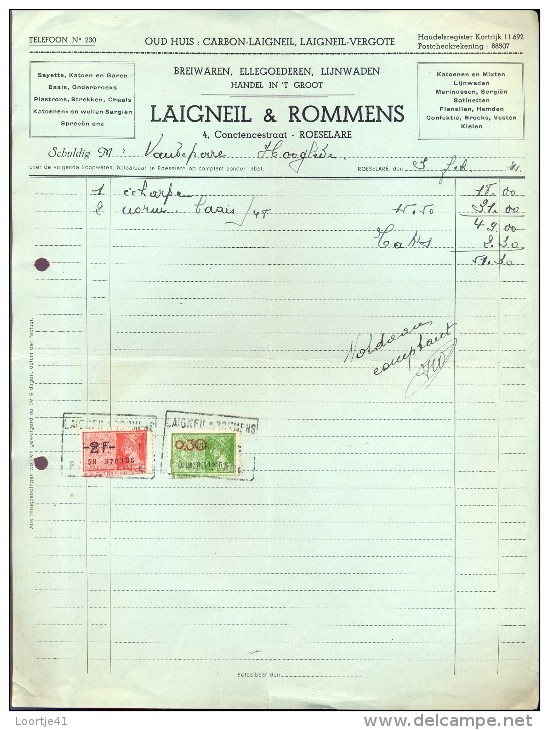 Factuur Facture - Stoffen Kledij Breiwaren Laigneil & Rommens - Roeselare 1941 - Textile & Vestimentaire