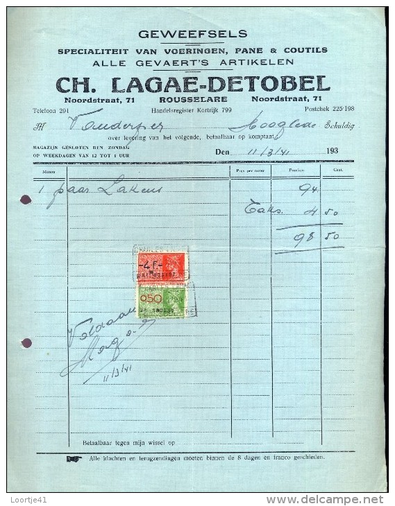 Factuur Facture - Stoffen Kledij Weefsels  Ch.Lagae - Detobel  - Roeselare 1941 - Kleidung & Textil