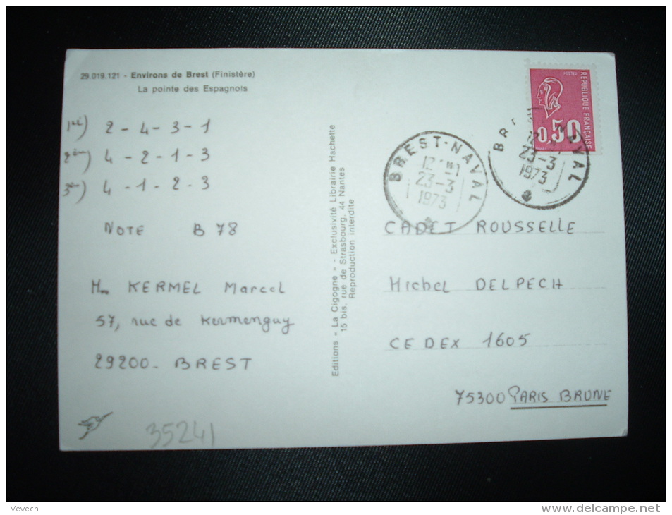 CP TP MARIANNE DE BEQUET 0,50 OBL.24-3-1973 BREST-NAVAL (29 FINISTERE) - 1971-1976 Marianne Of Béquet