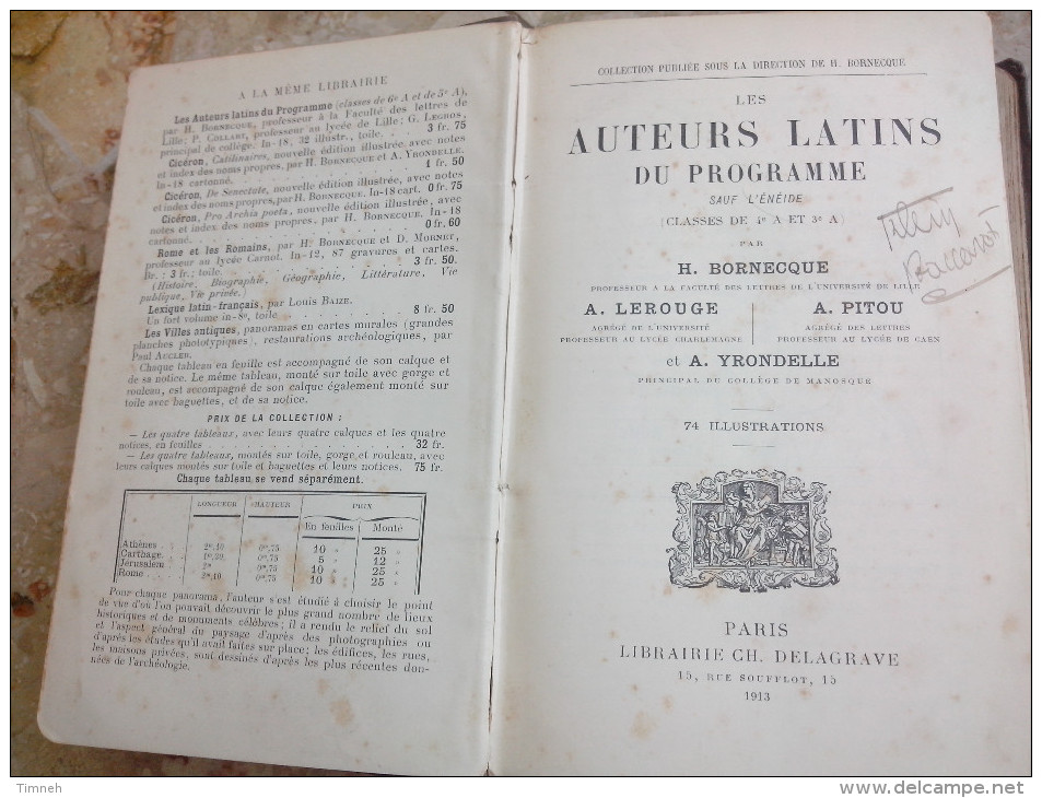 LES AUTEURS LATINS DU PROGRAMME Sauf ENEÏDE BORNECQUE LEROUGE PITOU YRONDELLE 1913 CLASSE DE QUATRIEME ET TROISIEME A - Livres Anciens