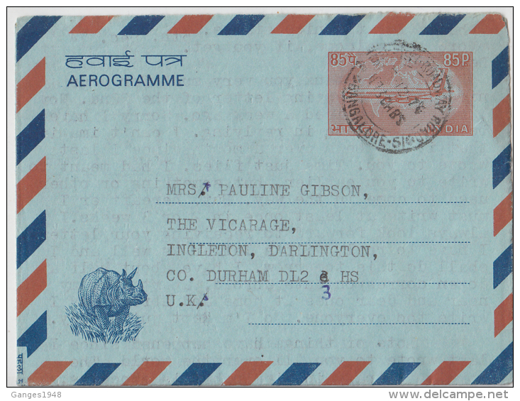 India  1974 -  85 P  RHINO    Aerogramme To Great Britain   # 85705  Inde  Indien - Inland Letter Cards
