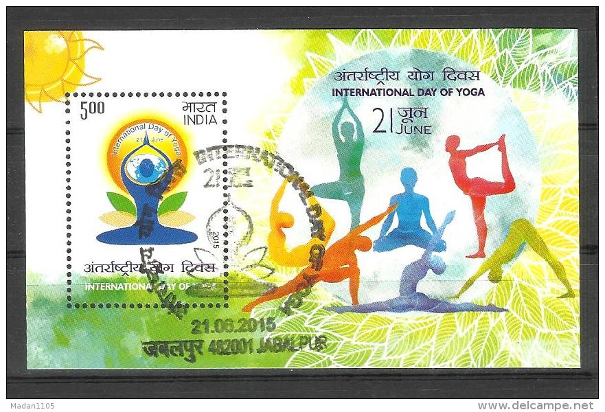 INDIA, 2015,  International Day Of Yoga, Health Fitness,  Miniature Sheet,  FIRST DAY JABALPUR CANCELLED - Oblitérés