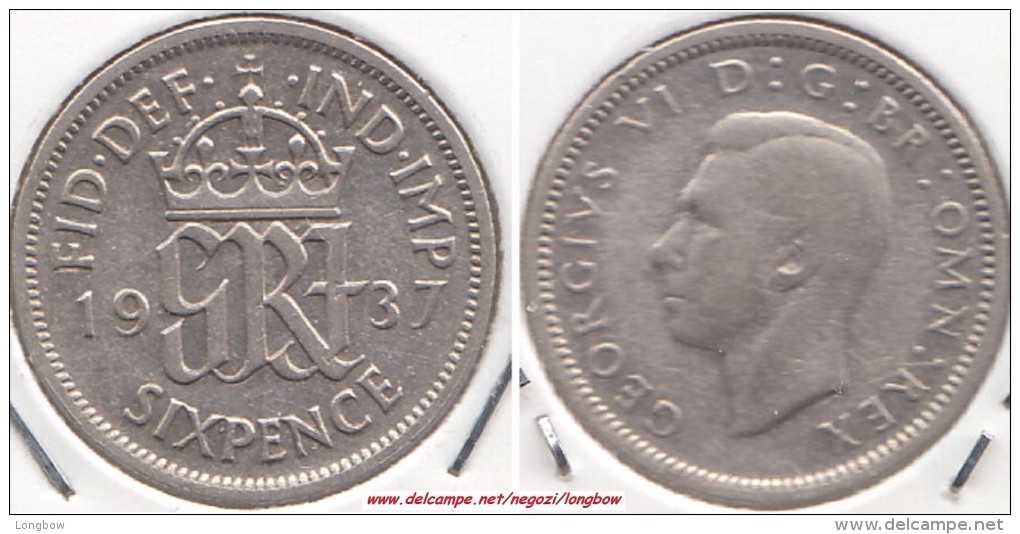 Gran Bretagna 6 Pence 1937 SILVER Km#852 - Used - H. 6 Pence