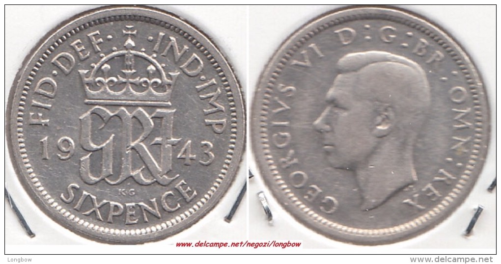 Gran Bretagna 6 Pence 1943 SILVER Km#852 - Used - H. 6 Pence