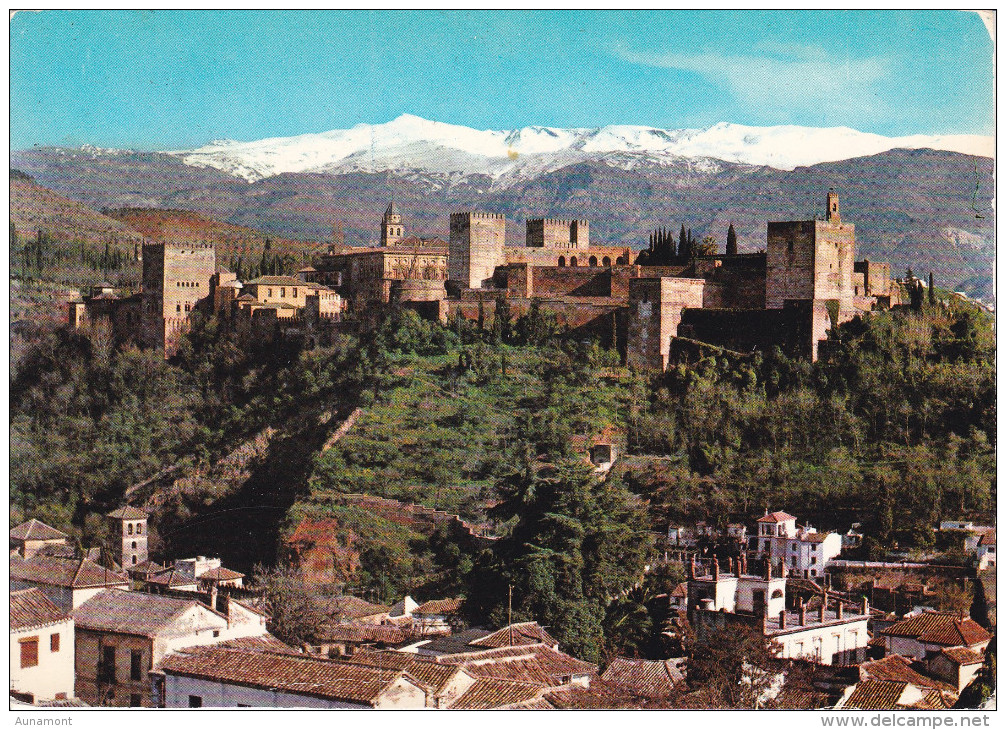 España--Granada--Vista General De La Alhambra Y Sierra Nevada--Fechador-Correo Aereo, Granada--a, Sotterville Les Rouen, - Castillos