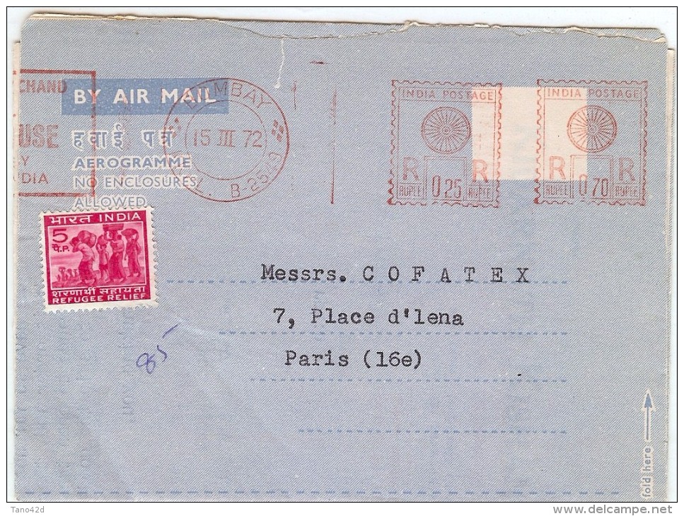 LBEL - INDE AEROGRAMME A DESTINATION DE PARIS 15/3/1972 - Storia Postale