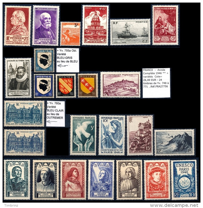 FRANCE  -  Année Complète 1946 ** MNH + Variétés TB  Cote= 26,00 EUR - 24 Timbres De Yv. 748 à 771 ..Réf.FRA27756 - 1940-1949