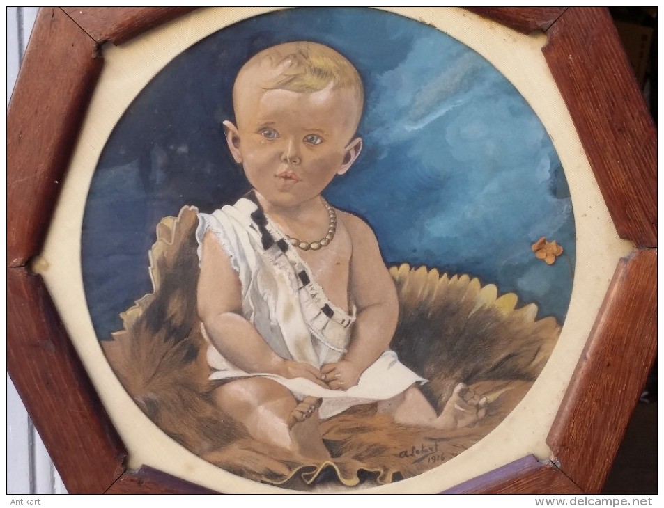 A. LETORT - Portrait D'enfant 1916 - Amusant Cadre Hexagonal - Pastell