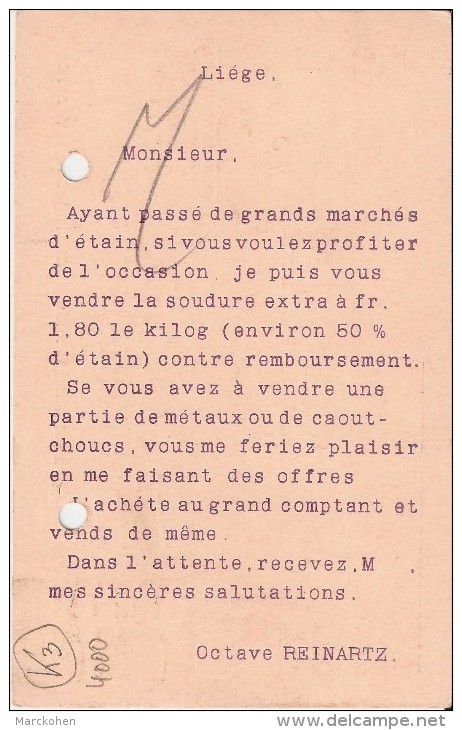 LIEGE  (4000) : Publicité Recto-Verso De La Société Oct. REINARTZ (Vieux Métaux Et Vieux Caoutchoucs), 3 Place Du Parc. - Catastrophes