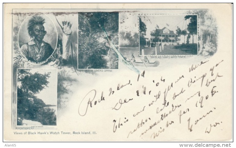 Rock Island Illinois, Black Hawk's Watch Tower Views, Native American Indian, C1900s Vintage Postcard - Other & Unclassified