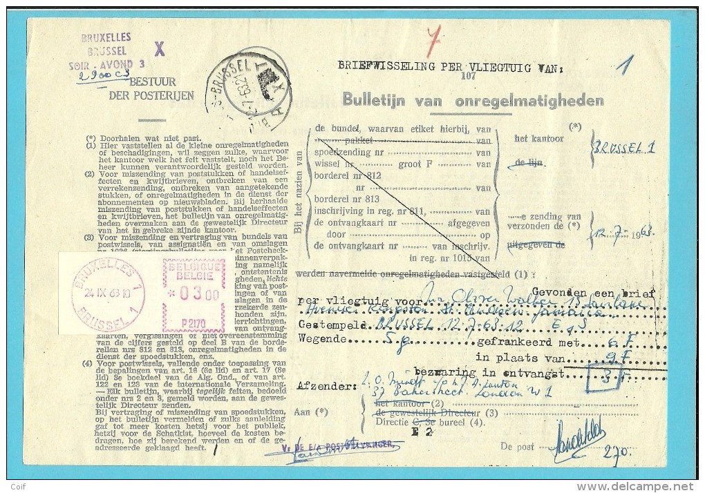 Roodfrankeering Op BULLETIJN VAN ONREGELMATIGHEDEN Stempel BRUXELLES (zeldzaam Dokument) - 1960-1979