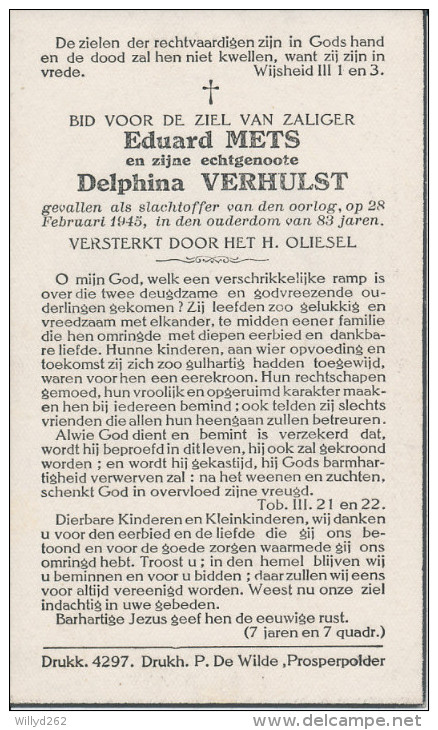 Doodsprentje Slachtoffer Oorlog 1945 - Eduard METS Echtgenoot Delphina VERHULST -wellicht Buurt Kieldrecht - Prosperpold - Religion & Esotérisme