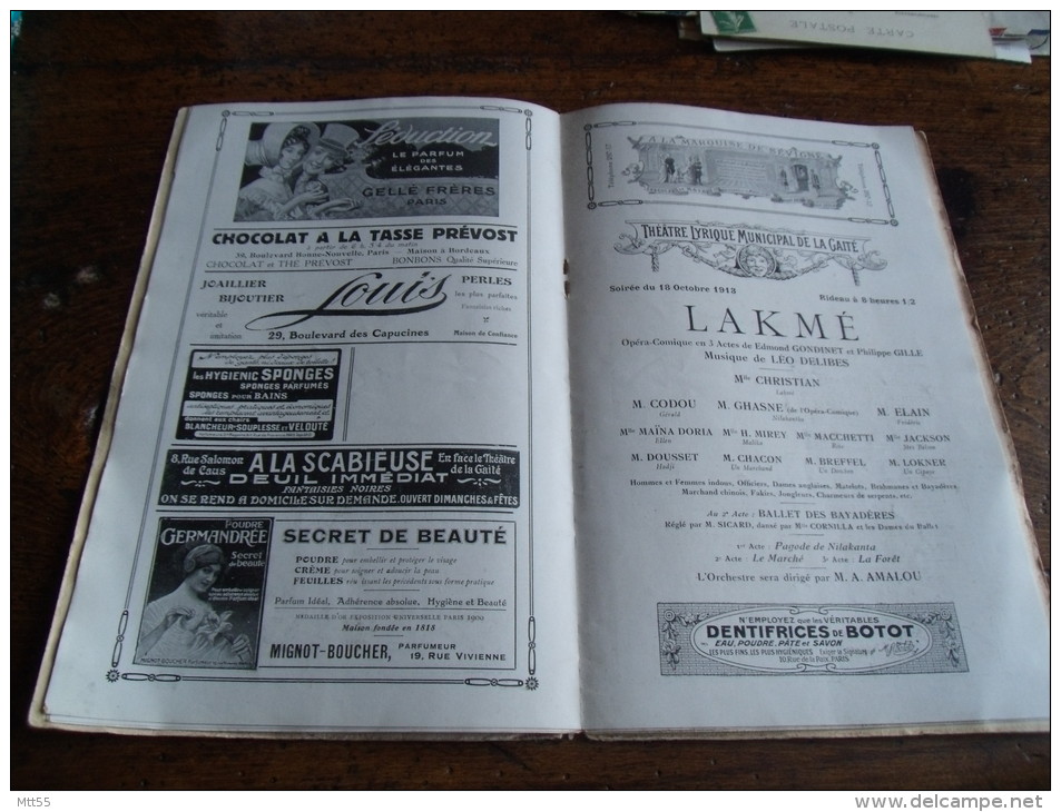 theatre lyrique gaite programme lakme mlle marchal 1913 publicite photo chanteur actrice