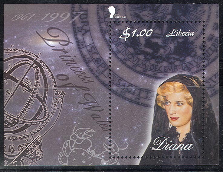 0851 ✅ Space Astronomy Royals Princess Diana Astrology Zodiac 1998 Liberia S/s MNH Unissued ** - Astrologie