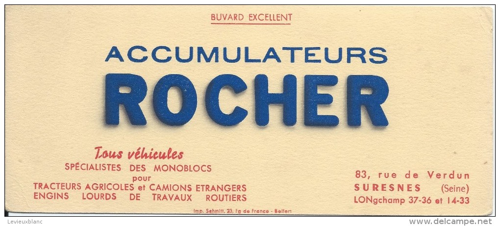 Buvard/Automobile/Accumulateurs Rocher/SURESNES/Seine/Schmitt/Belfort/Vers 1950        BUV214 - Auto's