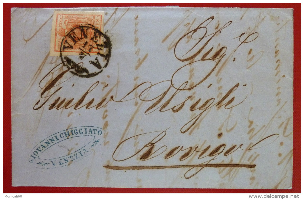 Lombardo Veneto 1858  Lettera Da Venezia A Rovigo - I Emissione 15 C. Rosso II Tipo - Lombardo-Vénétie