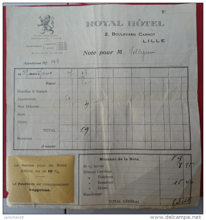 - NOTE D'HÔTEL - LILLE ROYAL HÔTEL - - Deportes & Turismo