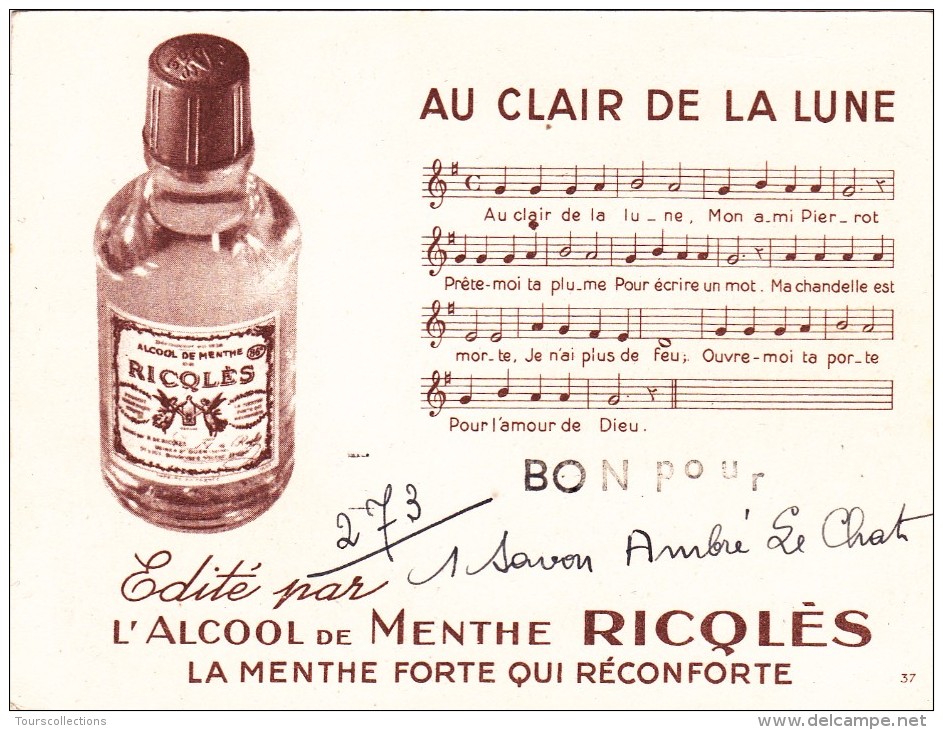 PUBLICITÉ L´ALCOOL DE MENTHE RICQLÈS (H. Gerbault) La Jeune Fille Et Le Chien Au Clair De La Lune - Comptine - Advertising