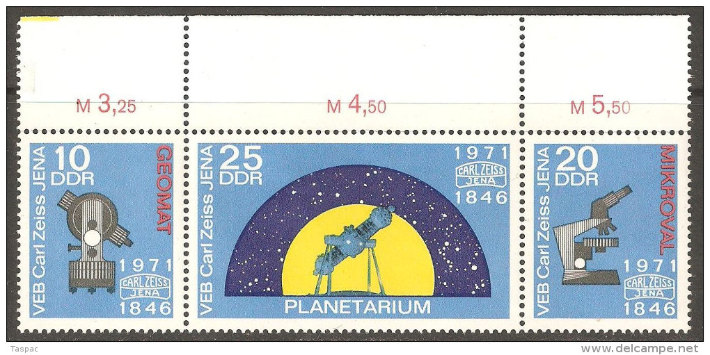 East Germany / DDR 1971 Mi# 1714-1716 ** MNH - Strip Of 3 - Carl Zeiss Optical Works In Jena, 125th Anniv. / Space - Europe
