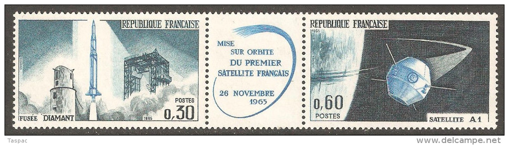 France 1965 Mi# 1530-1531 ** MNH - Strip Of 3 - Launching Of France’s 1st Satellite / Space - Europe
