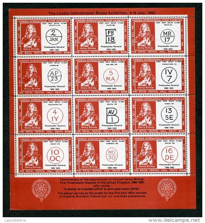 *London International Stamp Exhibition, July 9 -16 1960* Lote 2 Hojas O Pliegos. Total 22 Viñetas. - Cinderellas