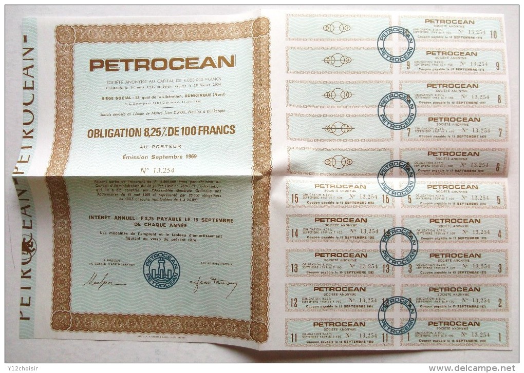 OBLIGATION 8,25 % PETROCEAN DE 100 FRANCS ET COUPONS . DUNKERQUE . SPECIMEN - Pétrole