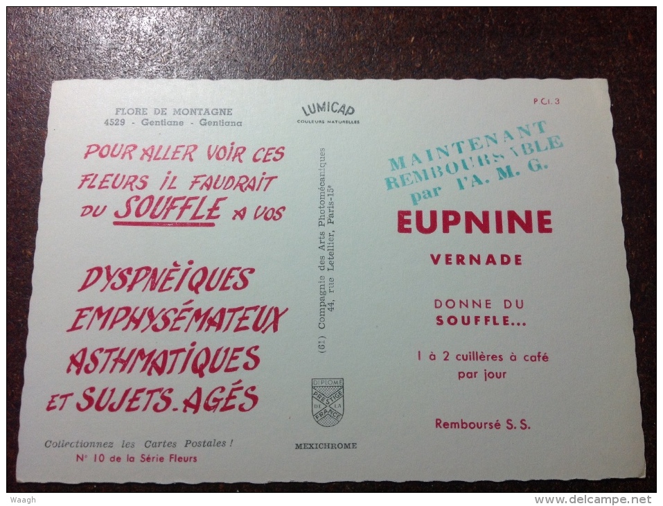 4529 - GENTIANE  - Carte Publicitaire EUPNINE Vernade Donne Du Souffle.... - - Plantes Médicinales