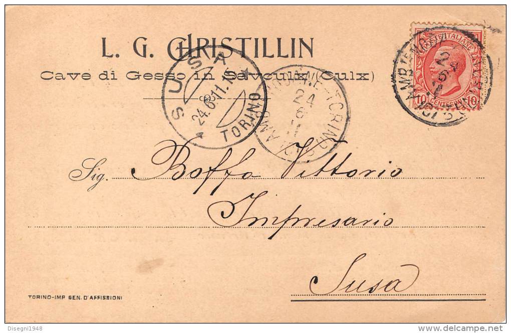 03911 "SAVOULX (OULX) (TO) L. G. CHRISTILLIN - CAVE DI GESSO - RICEVUTA SACCHI" . CART. COMMERC.  ORIG. SPEDITA 1911. - Otros & Sin Clasificación