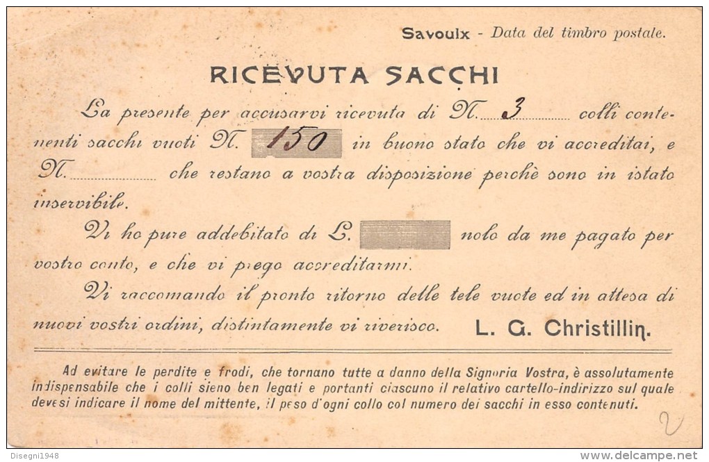 03911 "SAVOULX (OULX) (TO) L. G. CHRISTILLIN - CAVE DI GESSO - RICEVUTA SACCHI" . CART. COMMERC.  ORIG. SPEDITA 1911. - Otros & Sin Clasificación