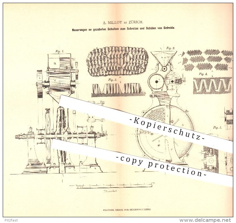 Original Patent - A. Millot In Zürich , Schweiz , 1879 , Gezahnte Scheiben Zum Schroten U. Schälen Von Getreide , Mühlen - Documents Historiques