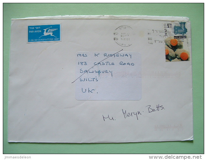 Israel 2001 Cover To England - Food - Gefilte Fish - Deer Air Mail Label - Lettres & Documents