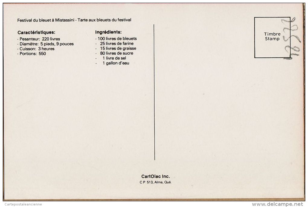 Cnd026 Canada CA Festival De MISTASSINI Tarte Bleuets Pesanteur 220 Livres 550 Portions Avec Recette Kanada - Other & Unclassified