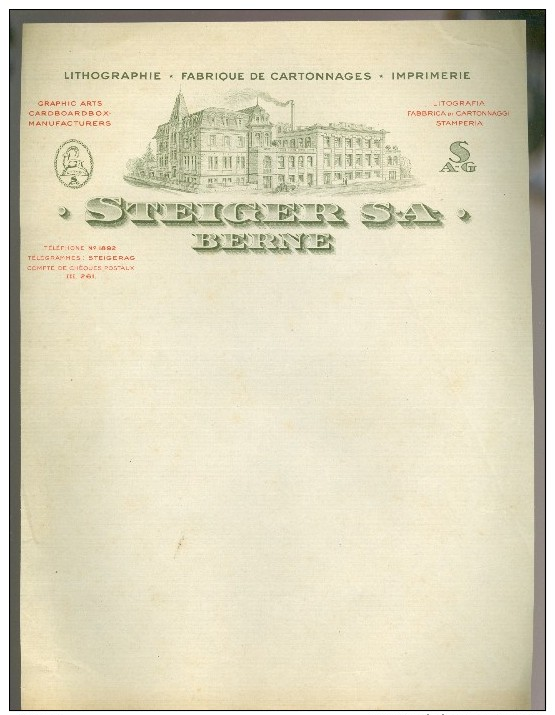 Facture ( 139 )  Faktuur  Suisse  Zwitzerland  :Lithographie  Imprimerie ( Drukkerij ) Cartonnage  Steigner S.A.  Berne - Suisse