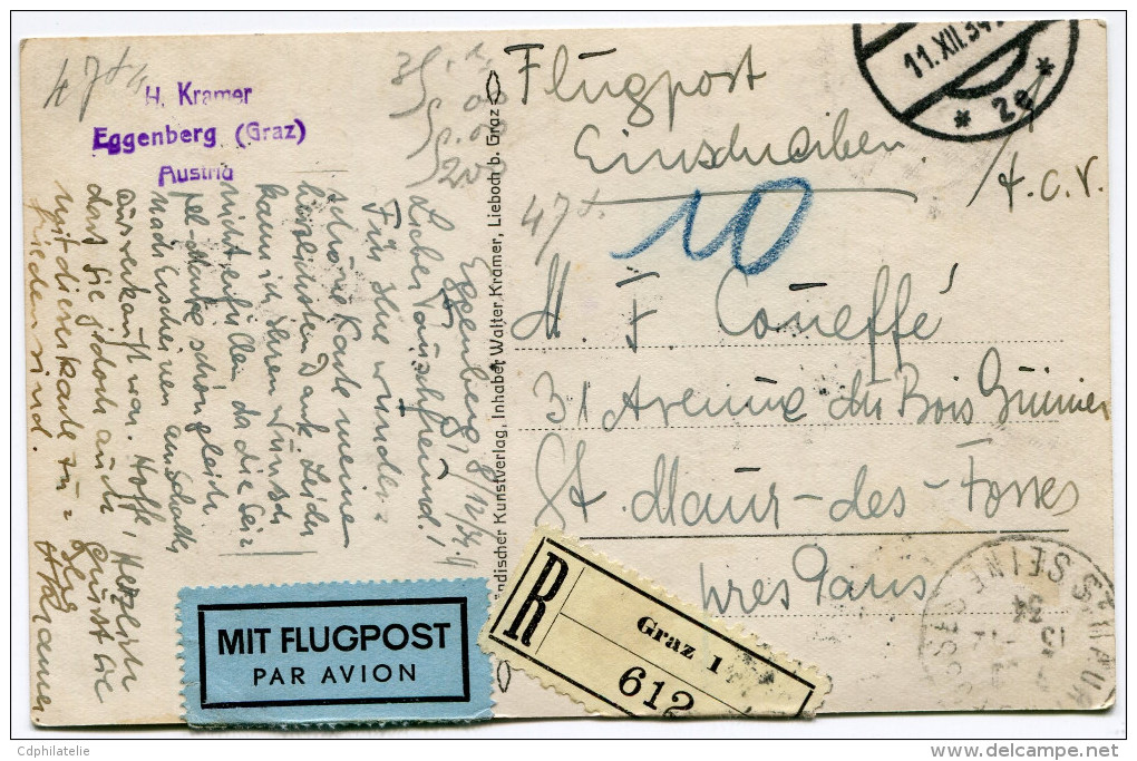 AUTRICHE CARTE POSTALE RECOMMANDEE PAR AVION DEPART GRAZ 11 XII 34 POUR LA FRANCE - Otros & Sin Clasificación