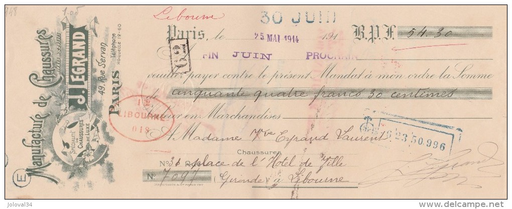 Lettre Change 25/5/1914 LEGRAND Chaussures Rue Servan PARIS Pour Libourne Gironde - Lettres De Change