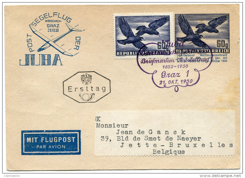 AUTRICHE CARTE "JUBA" PAR AVION DEPART GRAZ 21. OKT. 1950 POUR LA BELGIQUE - Other & Unclassified