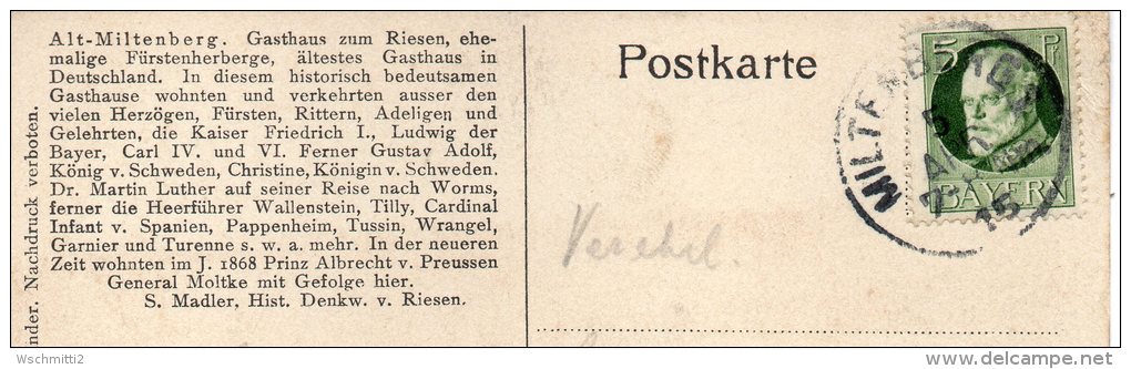 Ak MILTENBERG - Gasthaus Zum Riesen, Ehem. Fürstenherberge, 1915 Nach OSNABRÜCK - Miltenberg A. Main