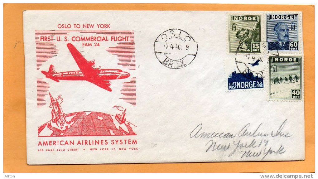 Norway 1946 First USA Commercial Flight FAM 24 Air Mail Cover Mailed - Briefe U. Dokumente