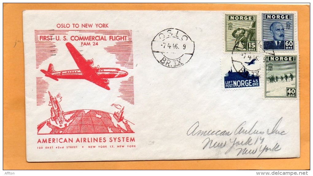Norway 1946 First USA Commercial Flight FAM 24 Air Mail Cover Mailed - Lettres & Documents