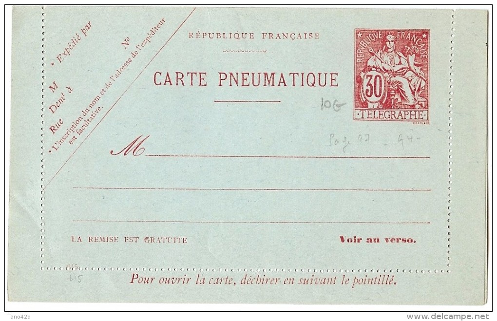 LBL31 - FRANCE CARTE LETTRE PNEUMATIQUE CHAPLAIN 30c NEUVE - Pneumatici