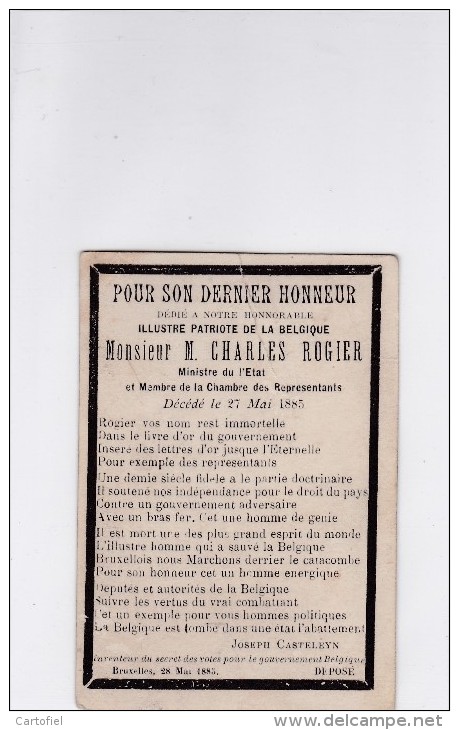 CHARLES ROGIER-MINISTRE DE L´ETAT-PATRIOTE DE LA BELGIQUE-BRUXELLES-1885-LITHO-AD.MERTENS-PIECE HISTORIQUE-VOYEZ 2 SCANS - Images Religieuses