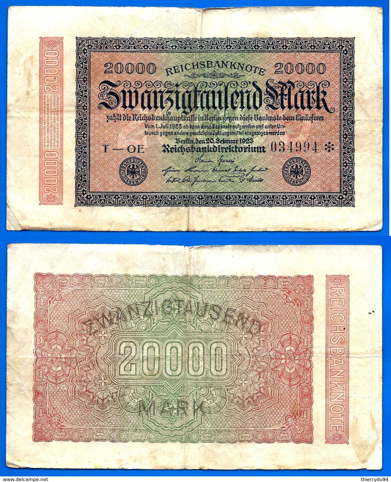Allemagne 20000 Mark 1923 Reichsbanknote 20 000 Marks Germany Que Prix + Port Marks Paypal Skrill Bitcoin - 20.000 Mark