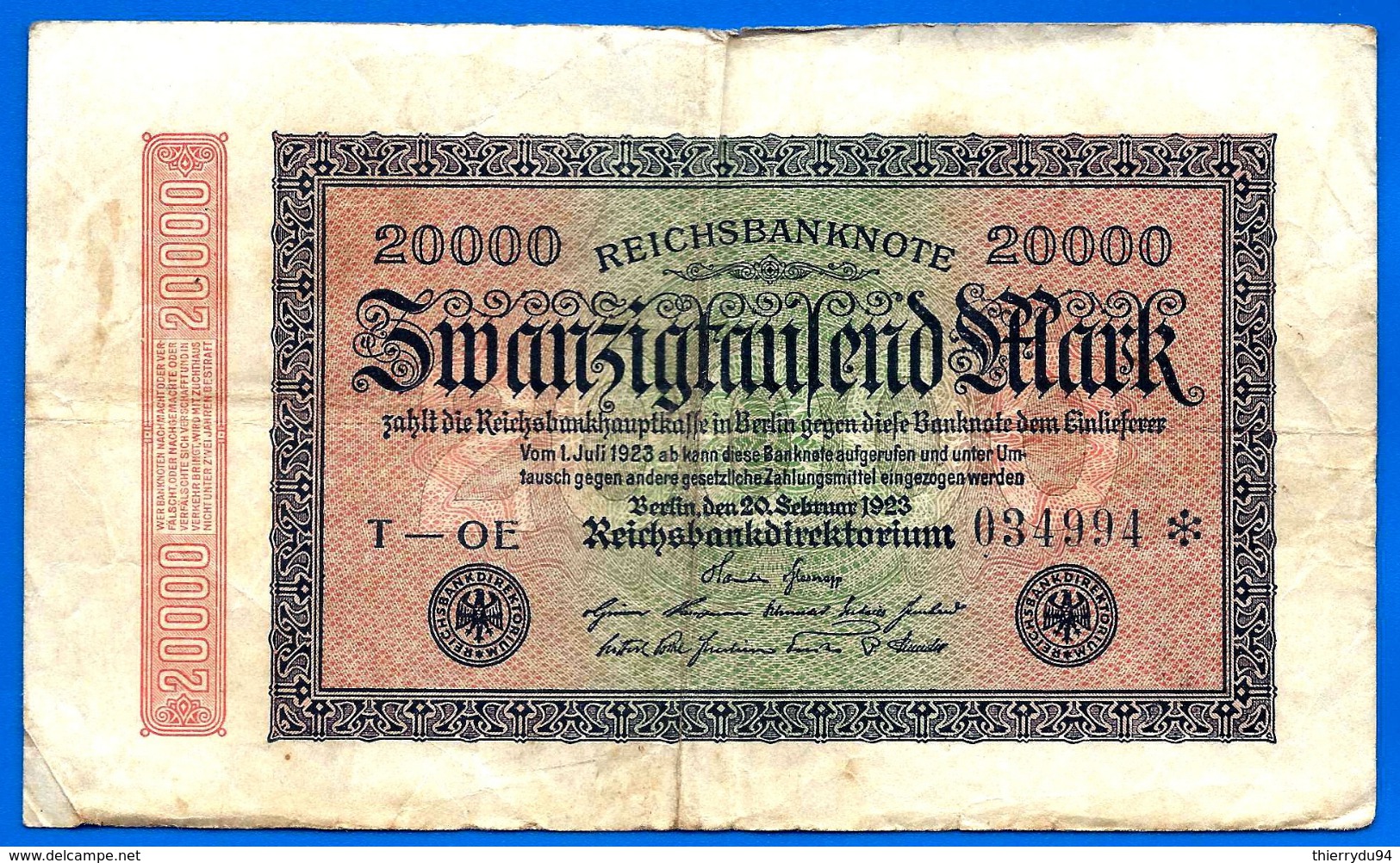 Allemagne 20000 Mark 1923 Reichsbanknote 20 000 Marks Germany Que Prix + Port Marks Paypal Skrill Bitcoin - 20000 Mark