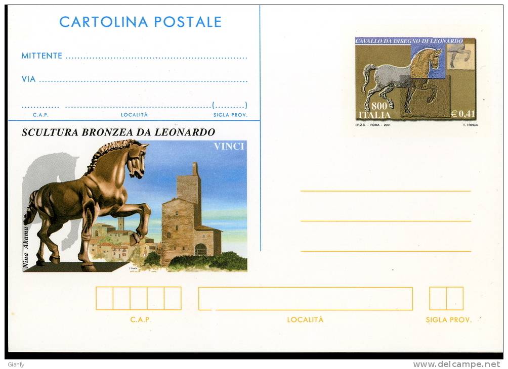 2001 INTERO POSTALE NUOVO CAVALLO DI LEONARDO DA VINCI L 800 - 0,41 Â€ - Stamped Stationery