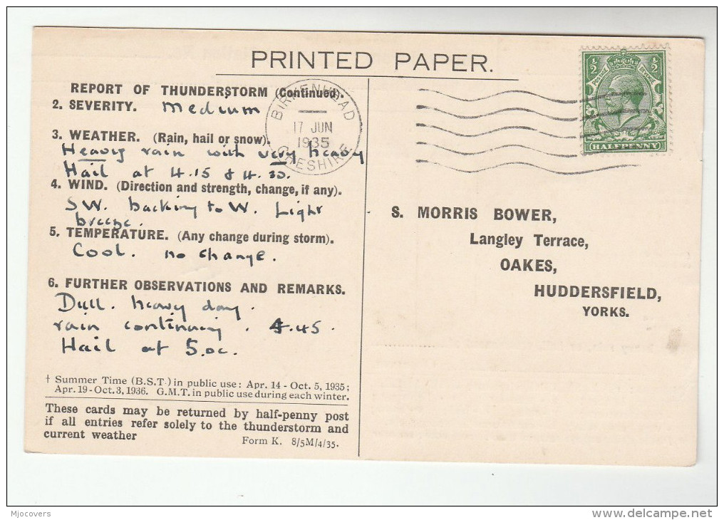 1935 BIRKENHEAD COVER Postcard METEOROLOGY Report WEATHER STATION  Re THUNDERSTORM Gb Gv Stamps - Climate & Meteorology